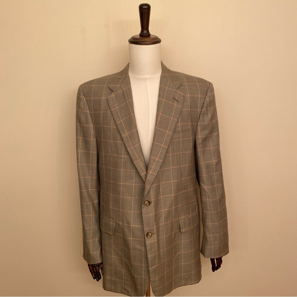 Hickey Freeman Men’s‎ Madison Green Tan Silk Wool Blend Windowpane Blazer